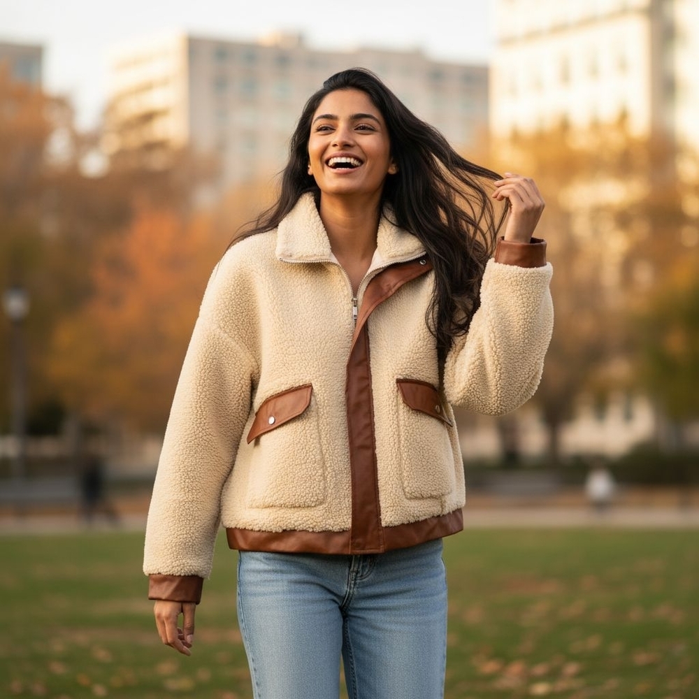 Blue Blush Women's Sherpa Bomber Jacket w/ Faux Fur size MED